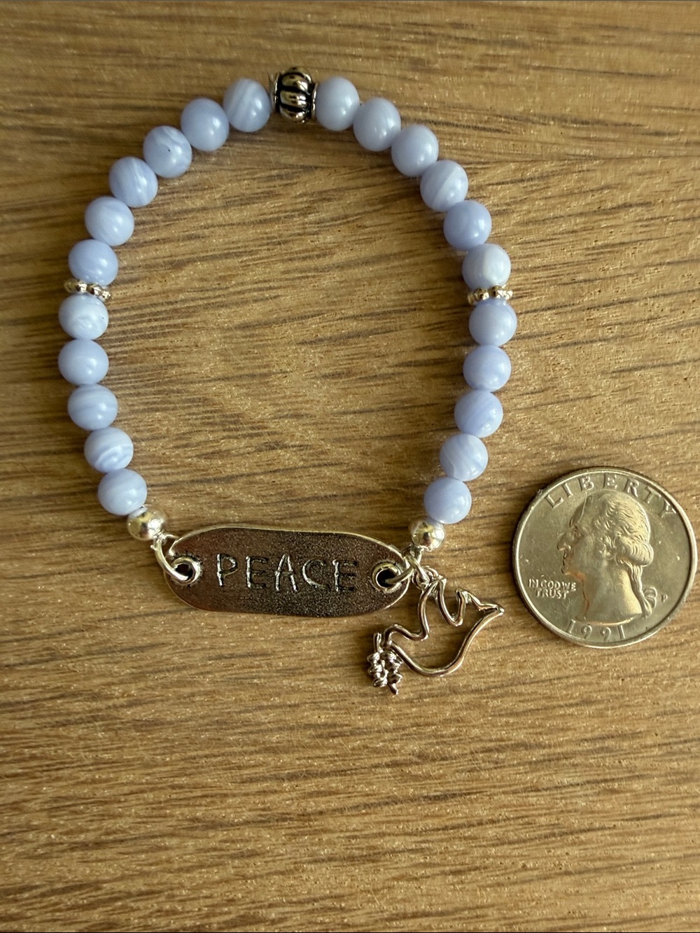 HAND CRAFTED BLUE AGATE PEACE BRACELET Dove Charm Beaded Stretch Jewelry - Picture 4 of 9